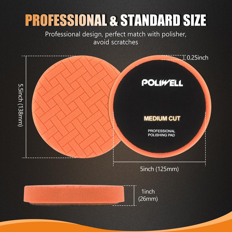 POLIWELL Buffing Polishing Pads 5 Inch, 7Pcs Buffing Sponge Pads Kit 5.5"" Face for 5"" Backing Plate, Compound Cutting Foam Pads, Wool Pad for Car Buffer Polisher, Compounding Polishing and Waxing - Image 3